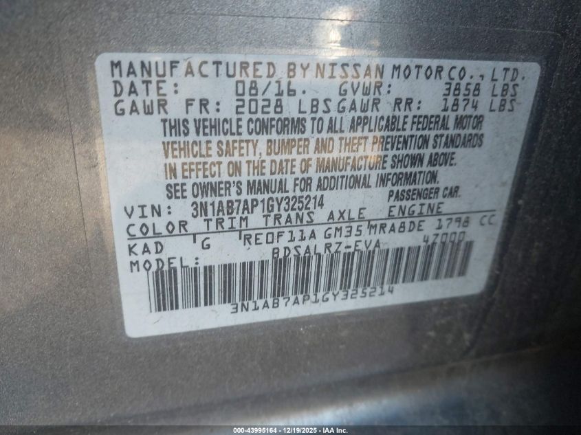 2016 Nissan Sentra Sr VIN: 3N1AB7AP1GY325214 Lot: 43995164