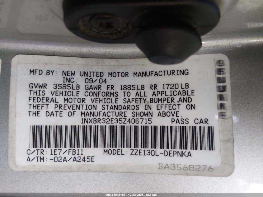 2005 Toyota Corolla Le VIN: 1NXBR32E35Z406715 Lot: 43995165