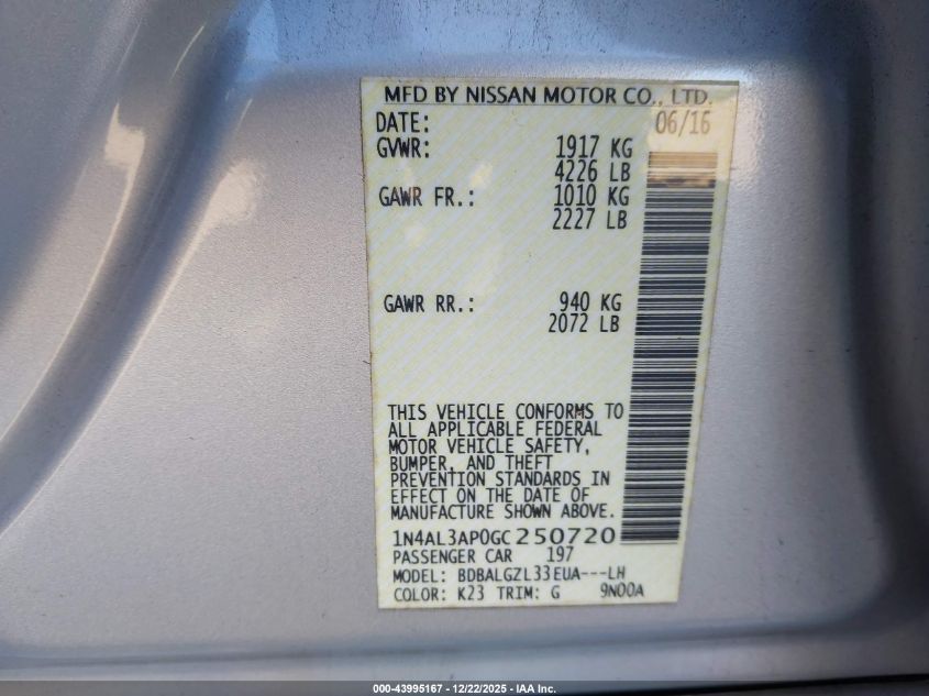 2016 Nissan Altima 2.5 S VIN: 1N4AL3AP0GC250720 Lot: 43995167