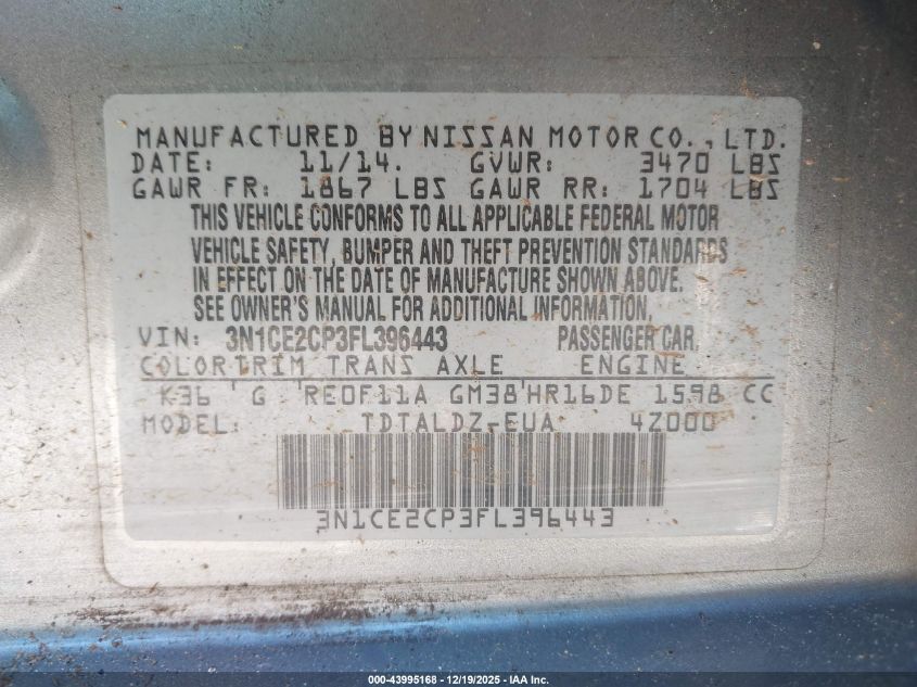 2015 Nissan Versa Note Sv VIN: 3N1CE2CP3FL396443 Lot: 43995168