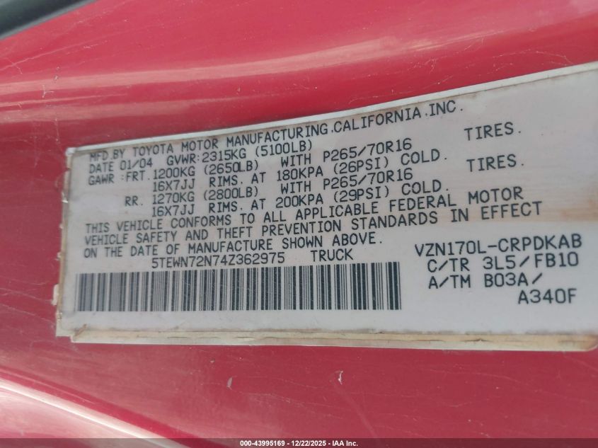 2004 Toyota Tacoma Base V6 VIN: 5TEWN72N74Z362975 Lot: 43995169