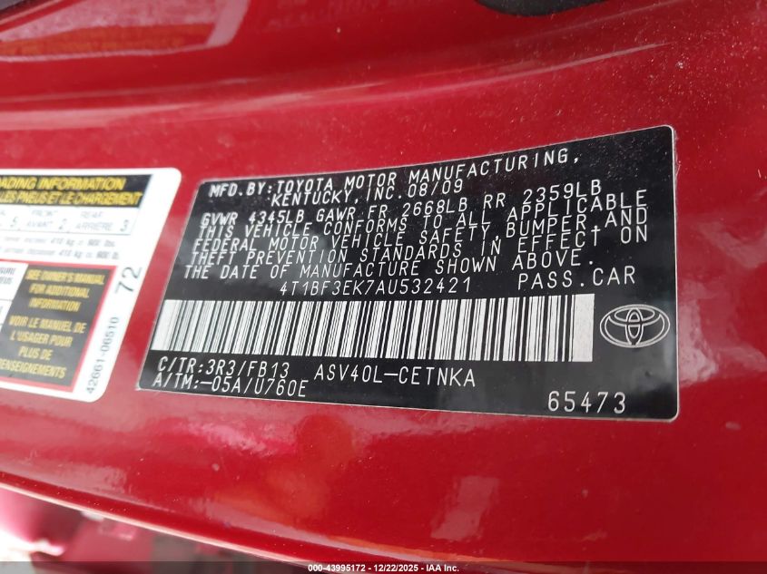 2010 Toyota Camry Le VIN: 4T1BF3EK7AU532421 Lot: 43995172