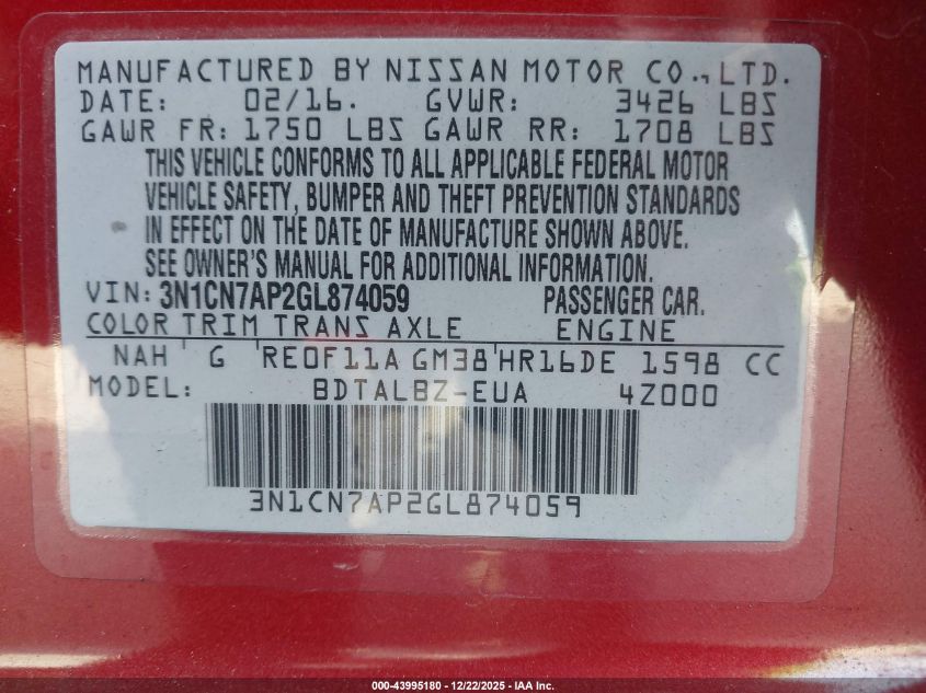 2016 Nissan Versa 1.6 Sv VIN: 3N1CN7AP2GL874059 Lot: 43995180