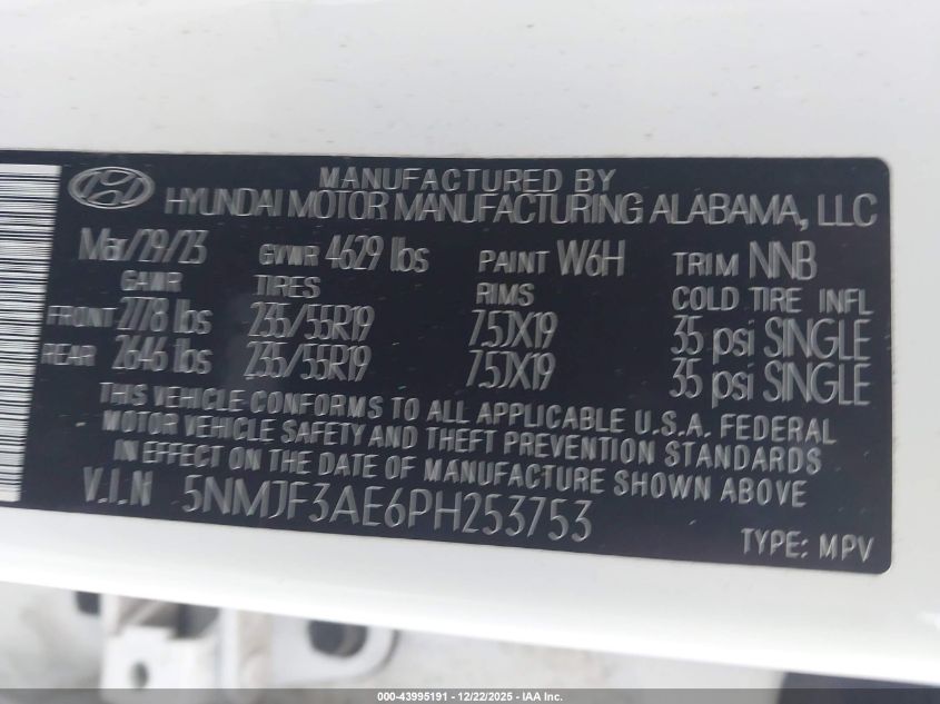 2023 Hyundai Tucson Sel VIN: 5NMJF3AE6PH253753 Lot: 43995191