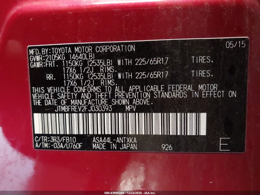 2015 Toyota Rav4 Le VIN: JTMBFREV2FJ030393 Lot: 43995204