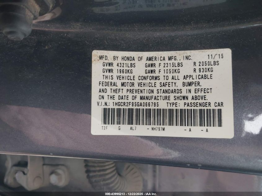 2016 Honda Accord Ex-L VIN: 1HGCR2F95GA066795 Lot: 43995213