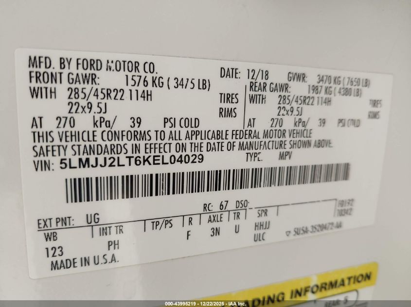 2019 Lincoln Navigator Reserve VIN: 5LMJJ2LT6KEL04029 Lot: 43995219