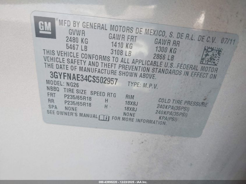 2012 Cadillac Srx Luxury Collection VIN: 3GYFNAE34CS502957 Lot: 43995220