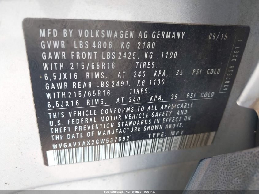 2016 Volkswagen Tiguan R-Line/S/Se/Sel VIN: WVGAV7AX2GW537692 Lot: 43995235