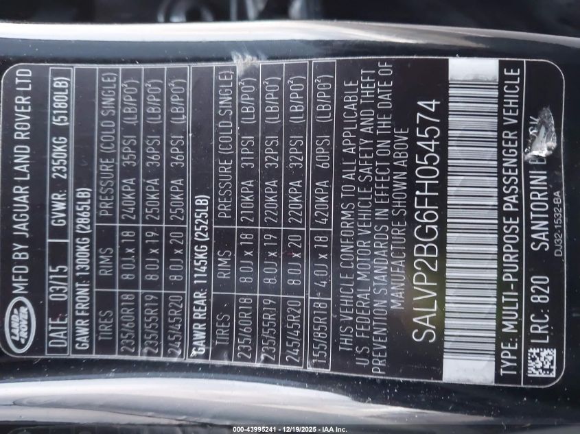 2015 Land Rover Range Rover Evoque Pure VIN: SALVP2BG6FH054574 Lot: 43995241
