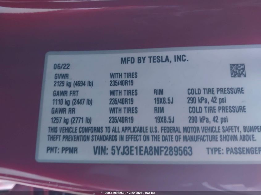 2022 Tesla Model 3 Rear-Wheel Drive VIN: 5YJ3E1EA8NF289563 Lot: 43995259