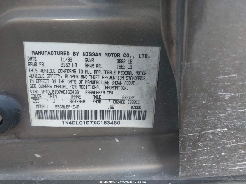 1999 Nissan Altima Gle/Gxe/Se/Se-L/Xe VIN: 1N4DL01D7XC163480 Lot: 43995278