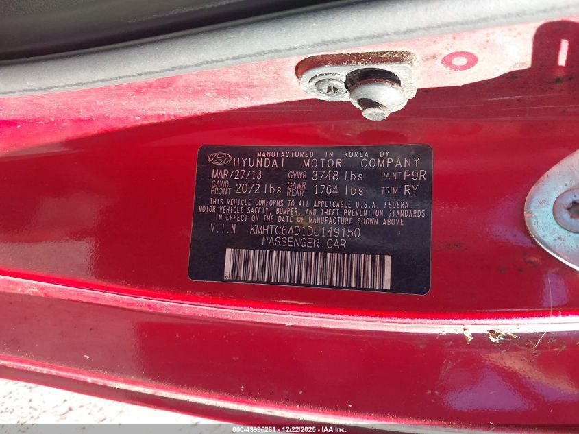 2013 Hyundai Veloster Base W/Gray VIN: KMHTC6AD1DU149150 Lot: 43995281