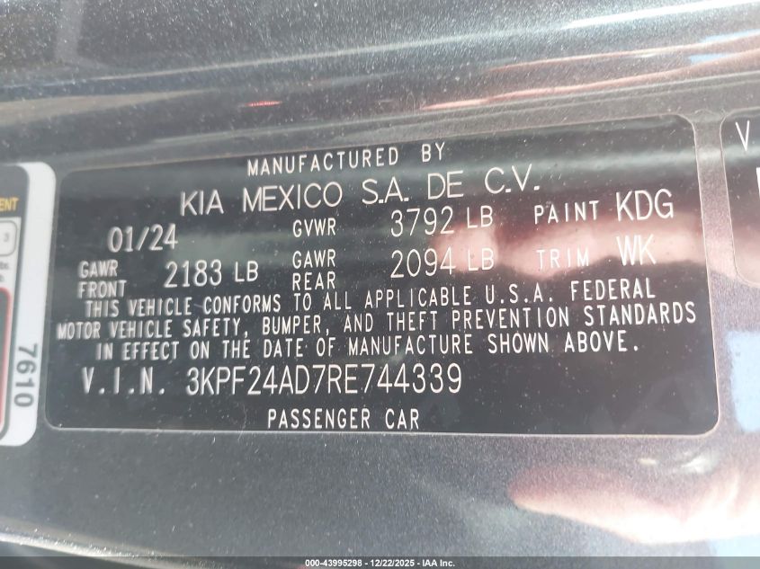 2024 Kia Forte Lxs VIN: 3KPF24AD7RE744339 Lot: 43995298