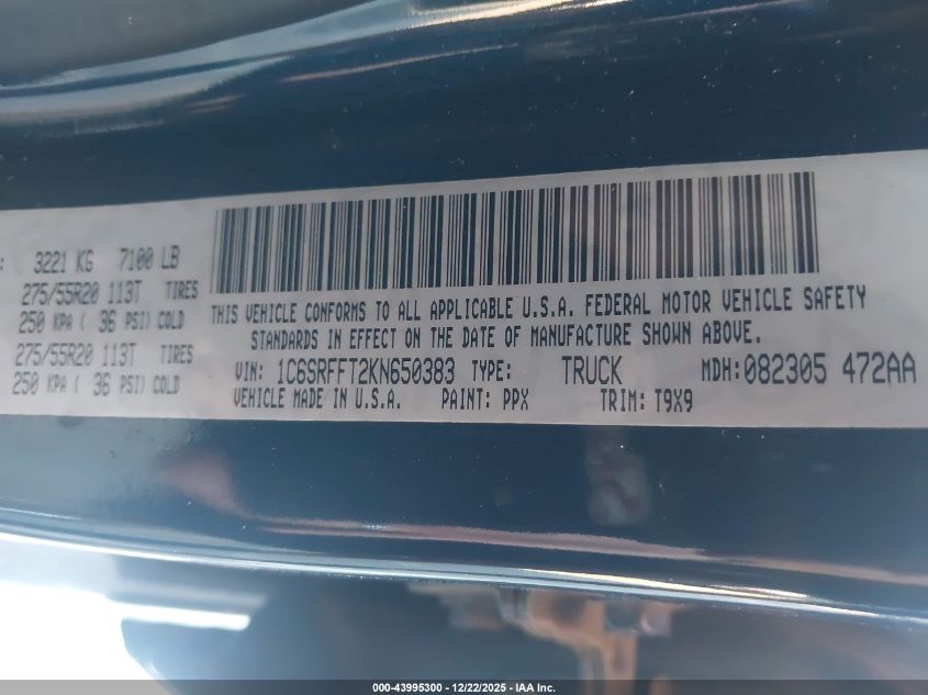 2019 Ram 1500 Big Horn/Lone Star 4X4 5'7 Box VIN: 1C6SRFFT2KN650383 Lot: 43995300