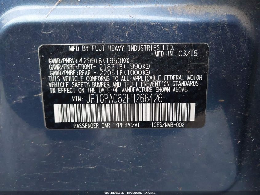 2015 Subaru Impreza 2.0I Premium VIN: JF1GPAC62FH266426 Lot: 43995305