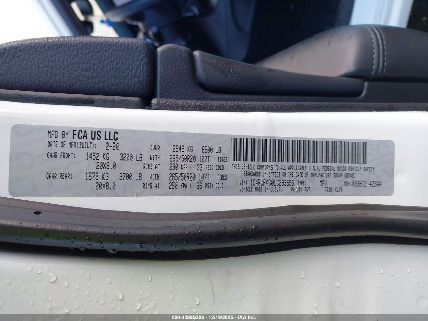 2020 Jeep Grand Cherokee Altitude 4X4/Laredo 4X4/Laredo E 4X4/North Edition 4X4/Upland 4X4 VIN: 1C4RJFAG0LT293596 Lot: 43995306