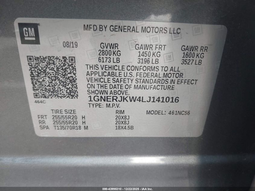 2020 Chevrolet Traverse Fwd Rs VIN: 1GNERJKW4LJ141016 Lot: 43995310