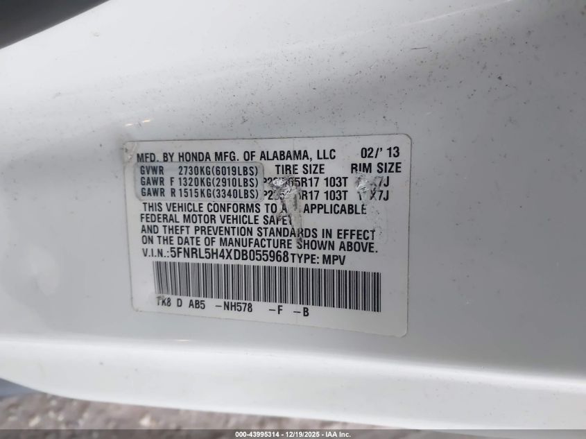 2013 Honda Odyssey Ex VIN: 5FNRL5H4XDB055968 Lot: 43995314