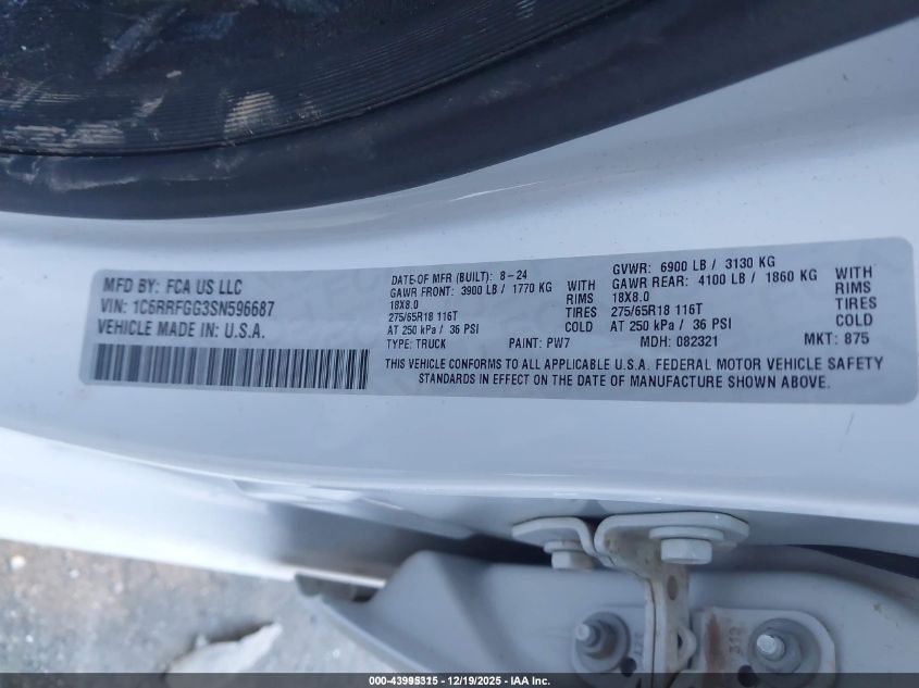 2025 Ram 1500 Tradesman 4X4 5'7 Box VIN: 1C6RRFGG3SN596687 Lot: 43995315