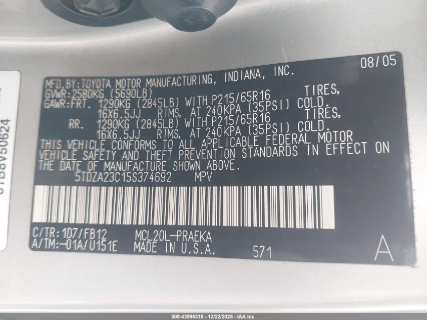 2005 Toyota Sienna Le VIN: 5TDZA23C15S374692 Lot: 43995318