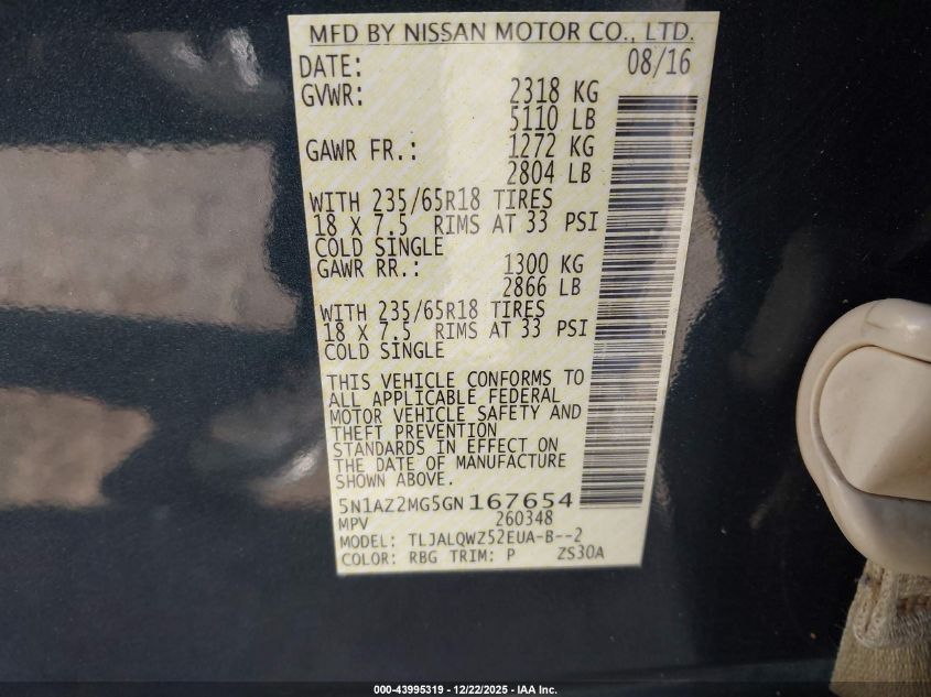 2016 Nissan Murano Sv VIN: 5N1AZ2MG5GN167654 Lot: 43995319