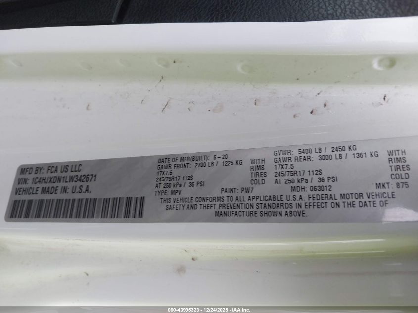 2020 Jeep Wrangler Unlimited Sport S 4X4 VIN: 1C4HJXDN1LW342671 Lot: 43995323