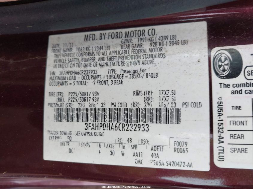 2012 Ford Fusion Se VIN: 3FAHP0HA6CR232933 Lot: 43995333