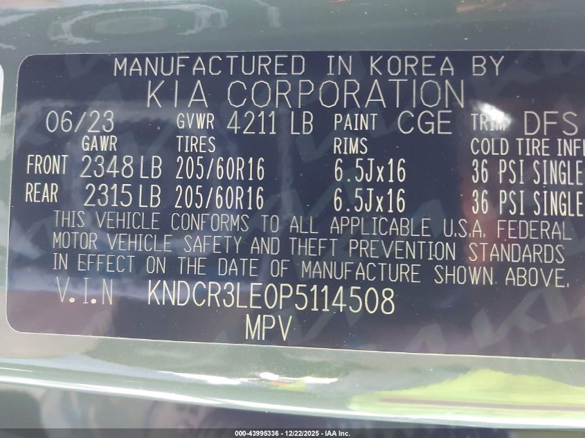 2023 Kia Niro Ex VIN: KNDCR3LE0P5114508 Lot: 43995336