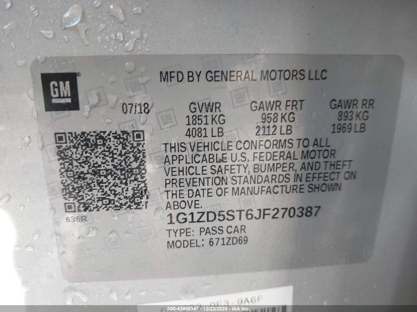 2018 Chevrolet Malibu Lt VIN: 1G1ZD5ST6JF270387 Lot: 43995347