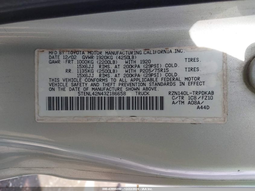 2003 Toyota Tacoma VIN: 5TENL42N43Z186658 Lot: 43995350