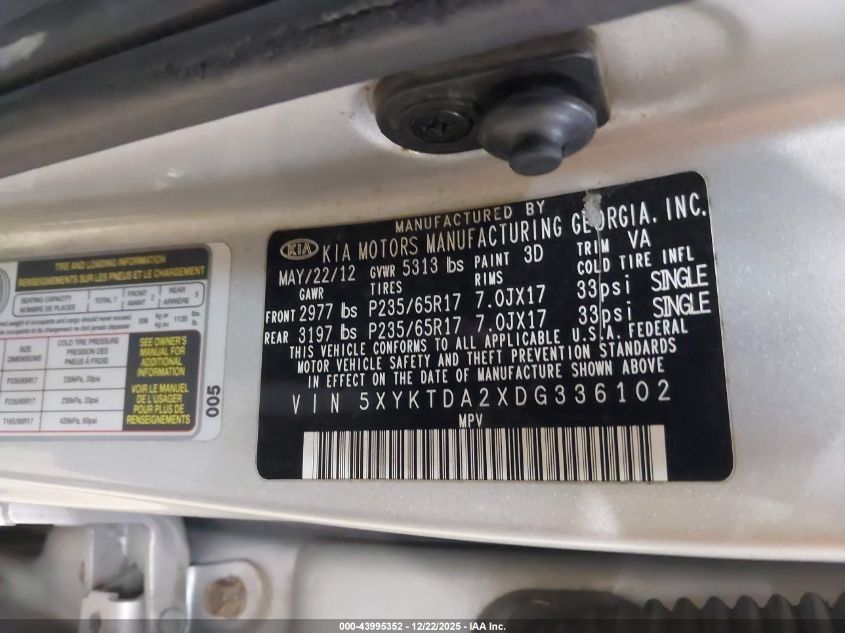 2013 Kia Sorento Lx V6 VIN: 5XYKTDA2XDG336102 Lot: 43995352