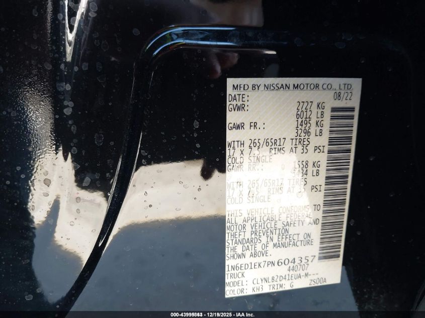 2023 Nissan Frontier Sv 4X4 VIN: 1N6ED1EK7PN604357 Lot: 43995363