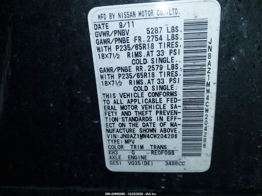 2012 Nissan Murano Sl VIN: JN8AZ1MW4CW204286 Lot: 43995365