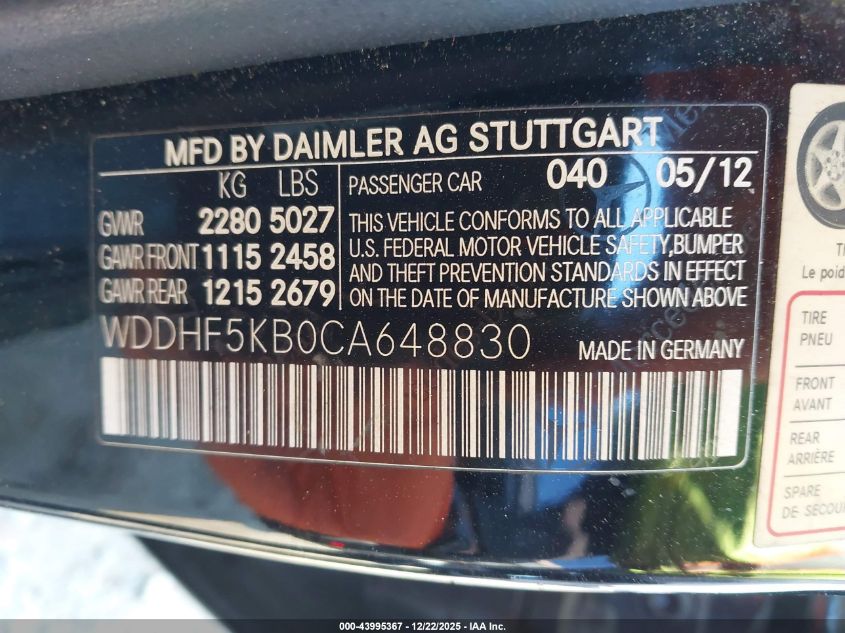 2012 Mercedes-Benz E 350 VIN: WDDHF5KB0CA648830 Lot: 43995367