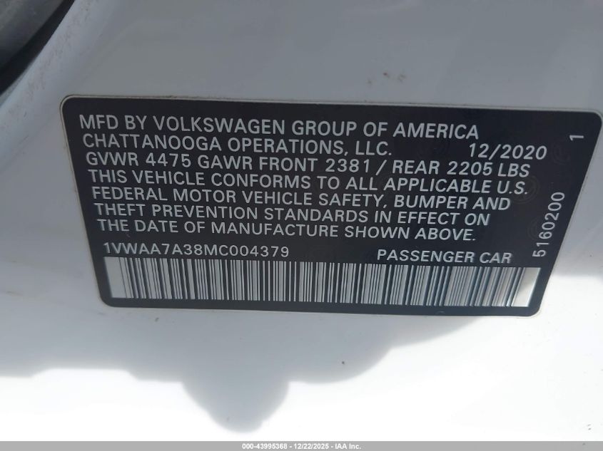 2021 Volkswagen Passat 2.0T S VIN: 1VWAA7A38MC004379 Lot: 43995368