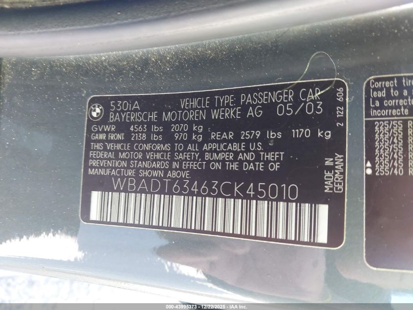 2003 BMW 530Ia VIN: WBADT63463CK45010 Lot: 43995373