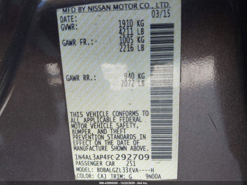 2015 Nissan Altima 2.5 S VIN: 1N4AL3AP4FC292709 Lot: 43995380