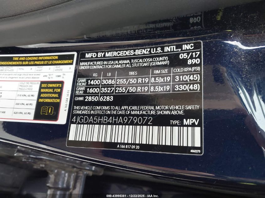 2017 Mercedes-Benz Gle 350 4Matic VIN: 4JGDA5HB4HA979072 Lot: 43995381