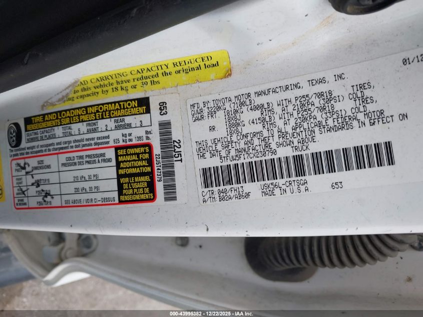 2012 Toyota Tundra Grade 5.7L V8 VIN: 5TFUW5F17CX230790 Lot: 43995382