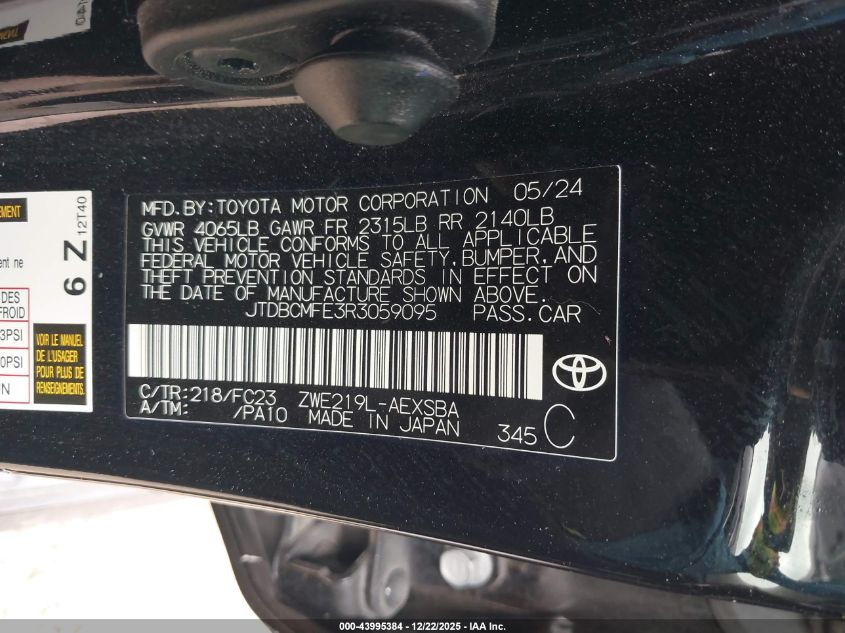 2024 Toyota Corolla Hybrid Se VIN: JTDBCMFE3R3059095 Lot: 43995384