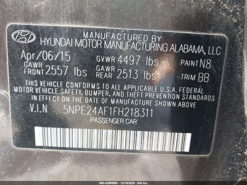 2015 Hyundai Sonata Se VIN: 5NPE24AF1FH218311 Lot: 43995387