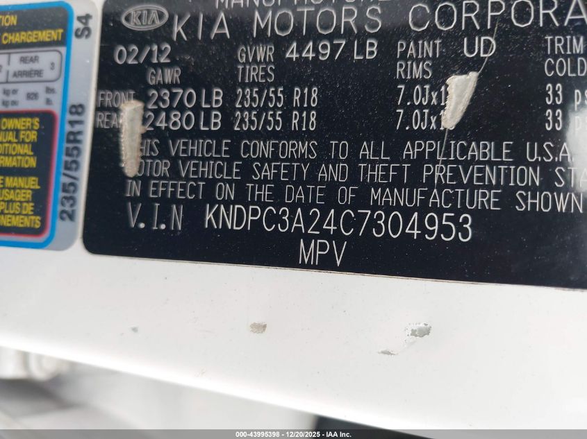 2012 Kia Sportage Ex VIN: KNDPC3A24C7304953 Lot: 43995398