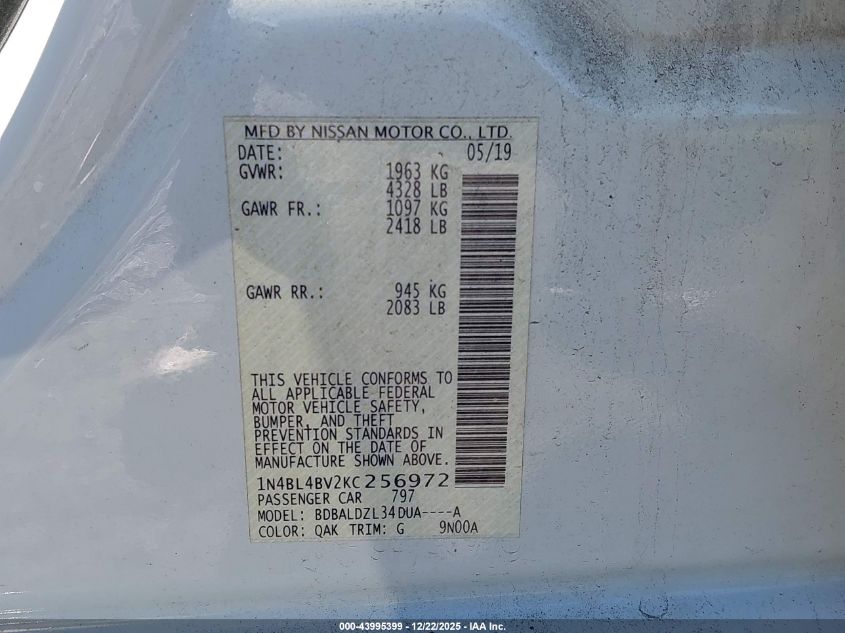 2019 Nissan Altima 2.5 S VIN: 1N4BL4BV2KC256972 Lot: 43995399