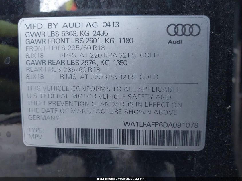 2013 Audi Q5 2.0T Premium VIN: WA1LFAFP6DA091078 Lot: 43995403