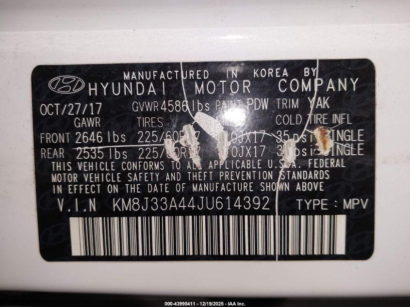 2018 Hyundai Tucson Sel Plus VIN: KM8J33A44JU614392 Lot: 43995411