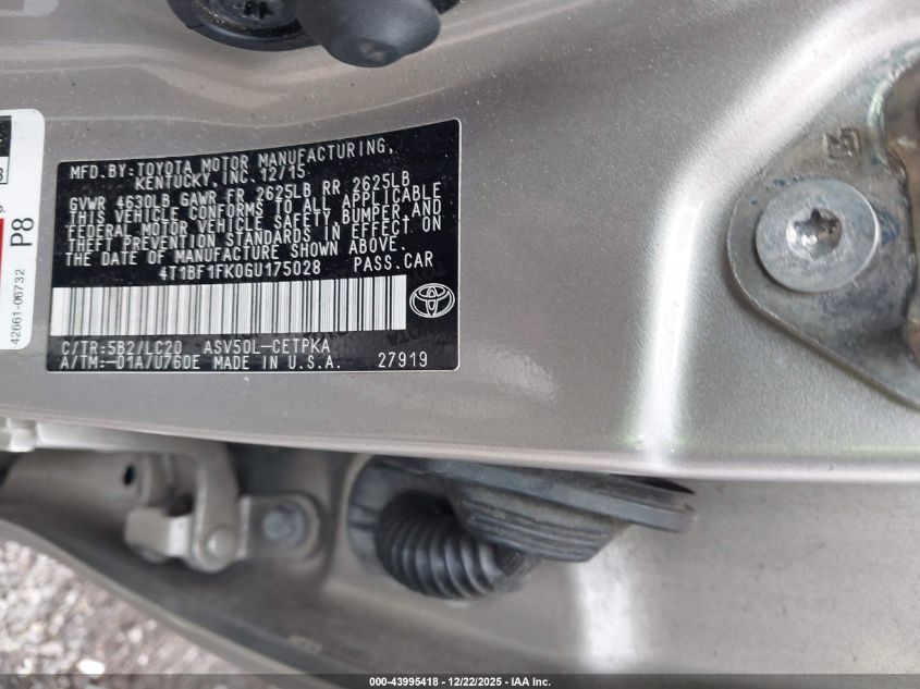 2016 Toyota Camry Xse VIN: 4T1BF1FK0GU175028 Lot: 43995418