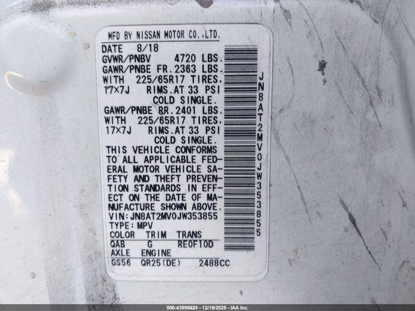 2018 Nissan Rogue Sv VIN: JN8AT2MV0JW353855 Lot: 43995421