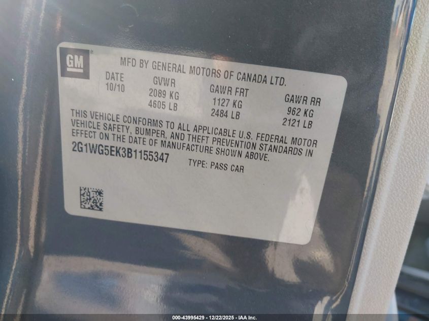 2011 Chevrolet Impala Lt VIN: 2G1WG5EK3B1155347 Lot: 43995429