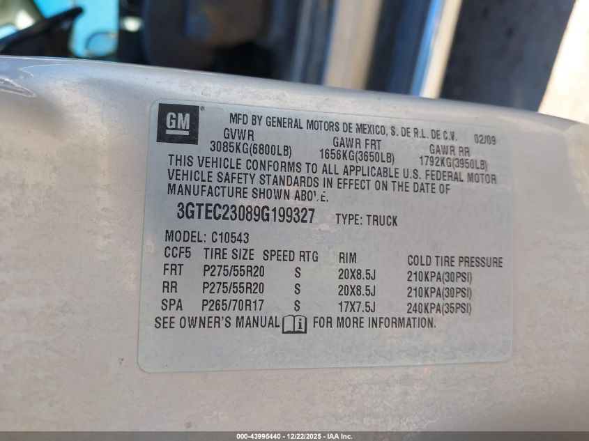 2009 GMC Sierra 1500 Sle VIN: 3GTEC23089G199327 Lot: 43995440